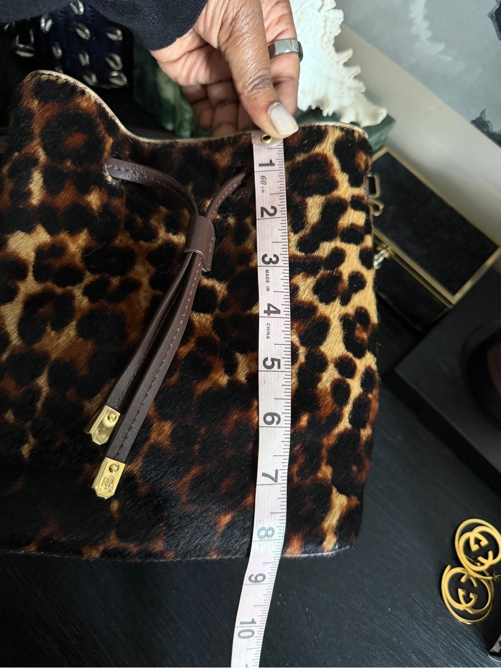 Ralph Lauren Leopard Debby Drawstring Bag Brown Black Gold Hardware - Picture 9 of 10